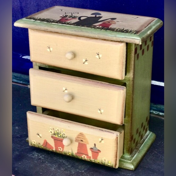 Vintage Wooden Hand Painted 3 Drawer Tiers Honeybee Hive HERB STORAGE Spice Box - Picture 3 of 10